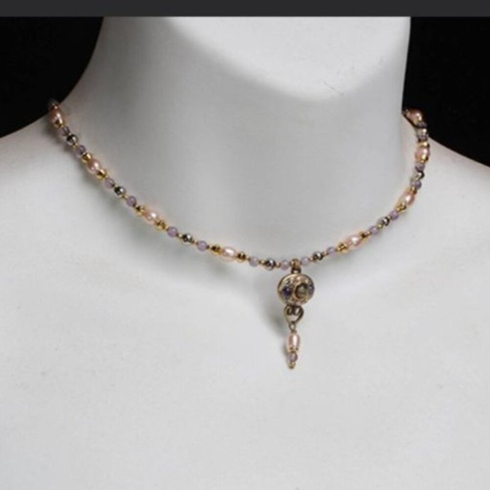 Michal Golan Amethyst Abalone Freshwater Pearls 24K EP Pendant Necklace 13"-18"